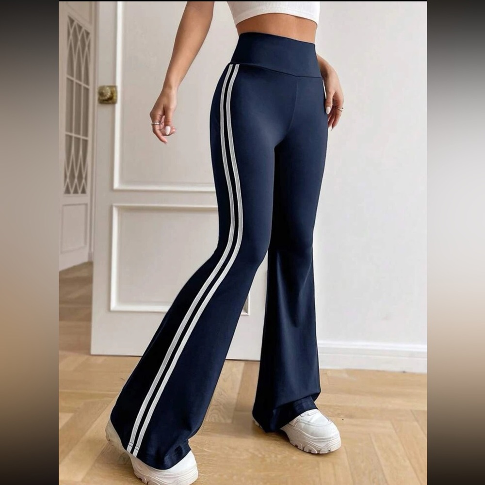 Navy Blue & White Striped Tape Side Flare Pant Legging Mult. Sizes New - Picture 4 of 5